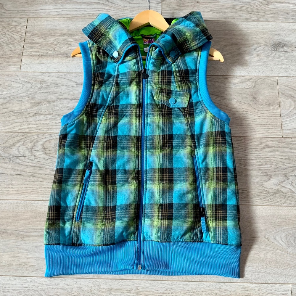 BURTON Starr Plaid Hooded Vest, Women's XL DryRide Aqua Lime  Zip Hoodie